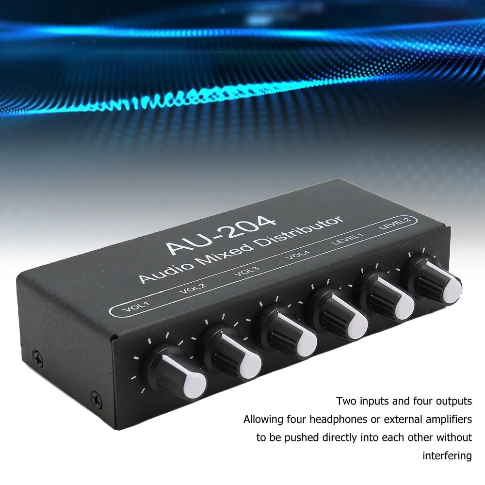 2 in 4 Out Stereo Sound Signal Mixer 3.5mm Interface DC 5-15V Headphone Amplifier Mixer Signal Mixer Box Home Recording Setup