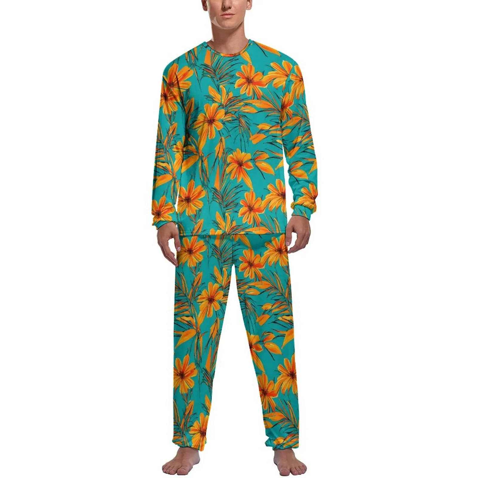 

Tropical Floral Pajamas Male Orange Flowers Elegant Sleepwear Winter Long Sleeves 2 Pieces Casual Custom Pajama Sets