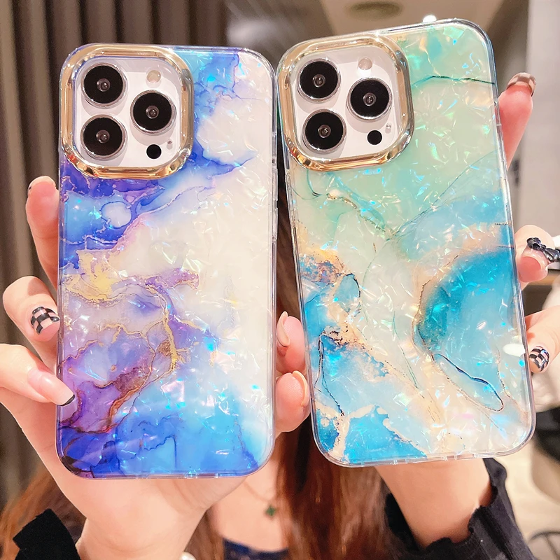 Luxury Marble Shell Pattern Phone Case For iPhone 15 Pro Max 14 13 12 11 XS X XR 7 8 Plus SE 2020 Soft Shockproof Bumper Cover