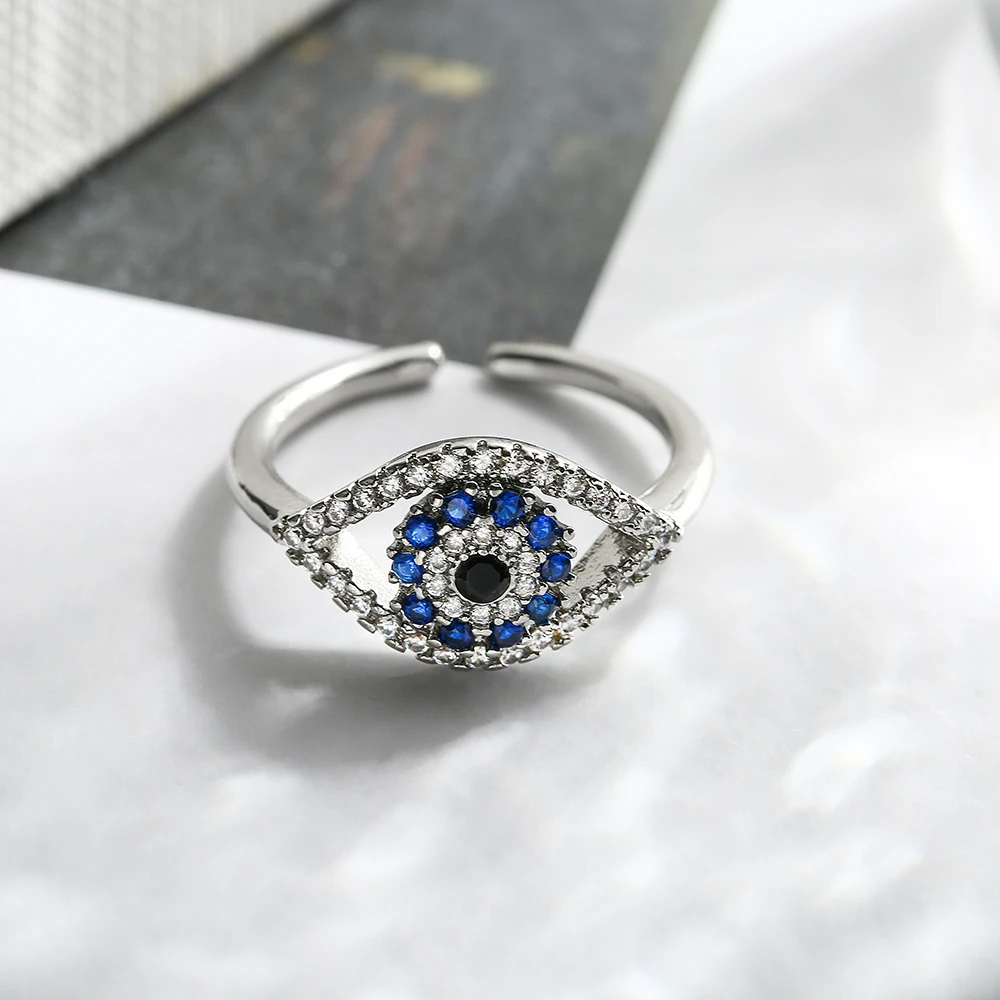 Classical Turkish Blue Evil Eye Cubic Zirconia Adjustable Band Ring For Women Girls Exquisite Party Wedding Jewelry