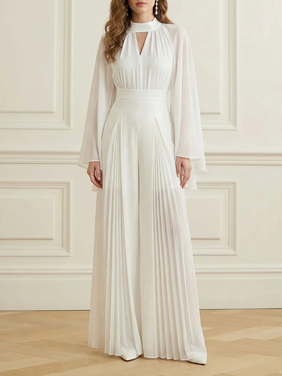 

Женский однотонный белый элегантный комбинезон Freeacy с круглым вырезом, рукавами с оборками, завышенной талией, широкими штанинами и плиссировкой, для торжественных мероприятий
