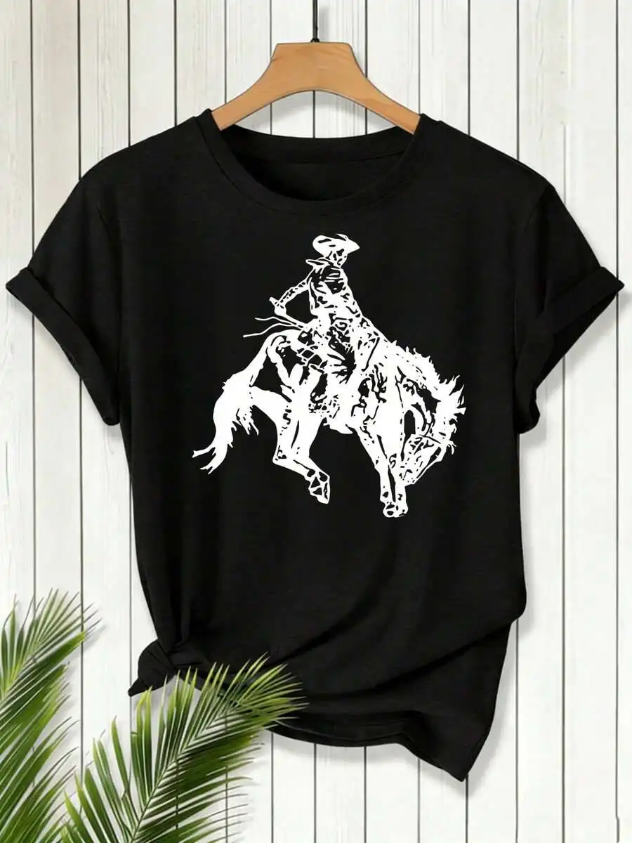 Cowboy Riding Bucking Horse Pattern Western Style Women's T-Shirt Summer Casual Wear Gift For Cowgirl Lovers