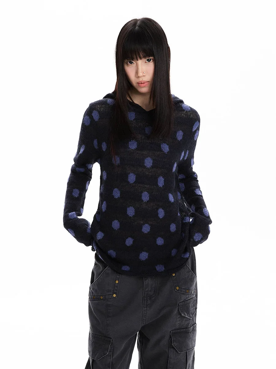 2026 Autumn New Korean Style Blue Polka Dot Knitted Top Women's Airy Semi-Transparent Long Sleeve Casual round Neck Pullover