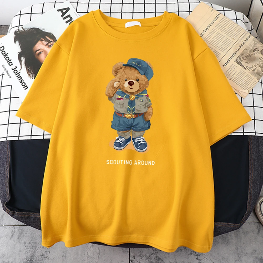 Cute Teddy Bear Salute Scoring Around Cotton T-Shirt Aesthetic Sport Tee Shirt Essential T-Shirts Individual Oversized T-Shirts