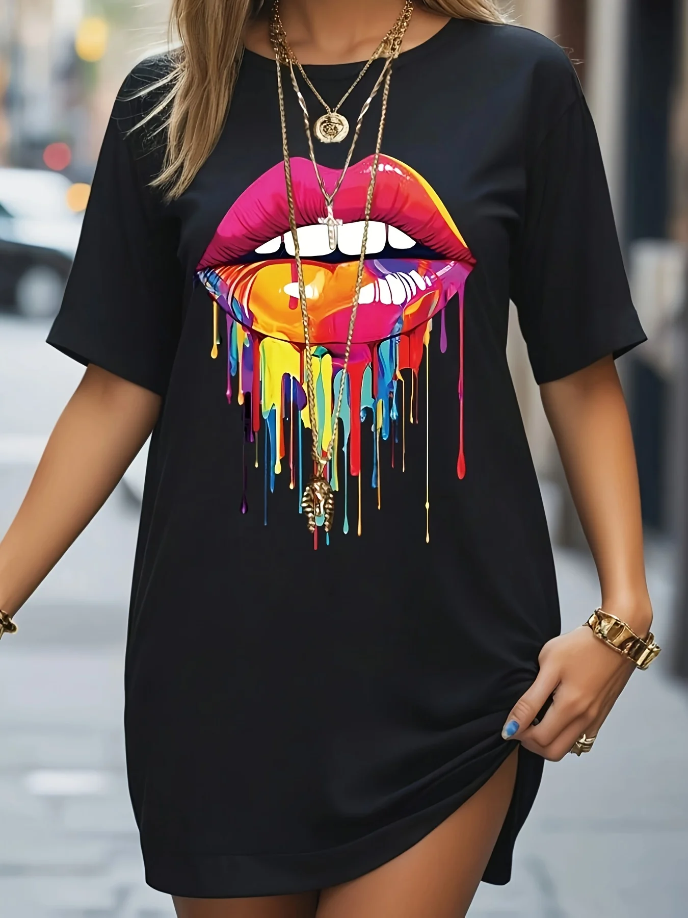 

Women's Casual Short-sleeved Colorful Lip Print Round Neck T-shirt Skirt Suitable for Spring and Summer Styling
