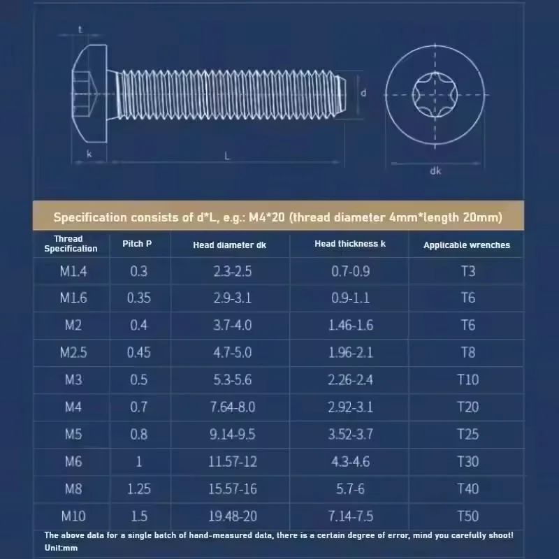 304 Stainless Steel M1.4 ~ M10 Six-Lobe Torx Pan Six Lobe Round Head Screw Blossom Screws Length 3~100 mm