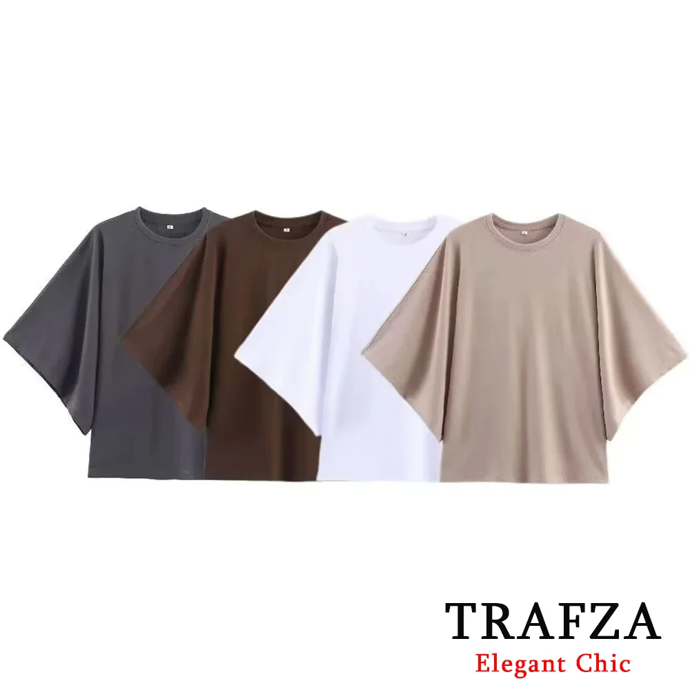 

TRAFZA Женская минималистичная шикарная футболка, однотонные топы с короткими рукавами и круглым вырезом, новинка 2025, летняя модная уличная повседневная футболка Mujer, топ