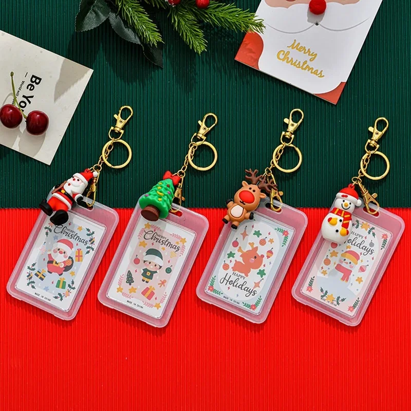 Portacredenciales transparente con motivos navideños y llavero con dije 3D, 4 estilos: Papá Noel, reno, muñeco de nieve y árbol, ideal como regalo navideño para estudiantes, oficinas y escuelas.