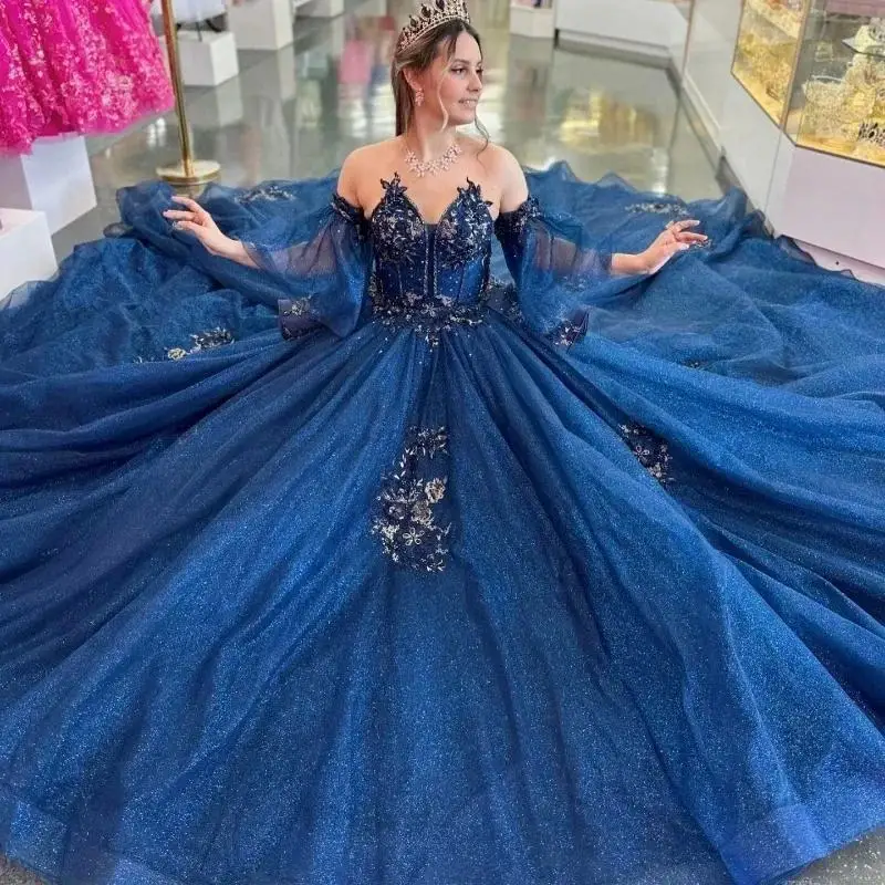 Vestido de fiesta azul marino con hombros descubiertos, vestidos de quinceañera brillantes, apliques de princesa dulce 16, vestidos de graduación con cuentas de encaje personalizados