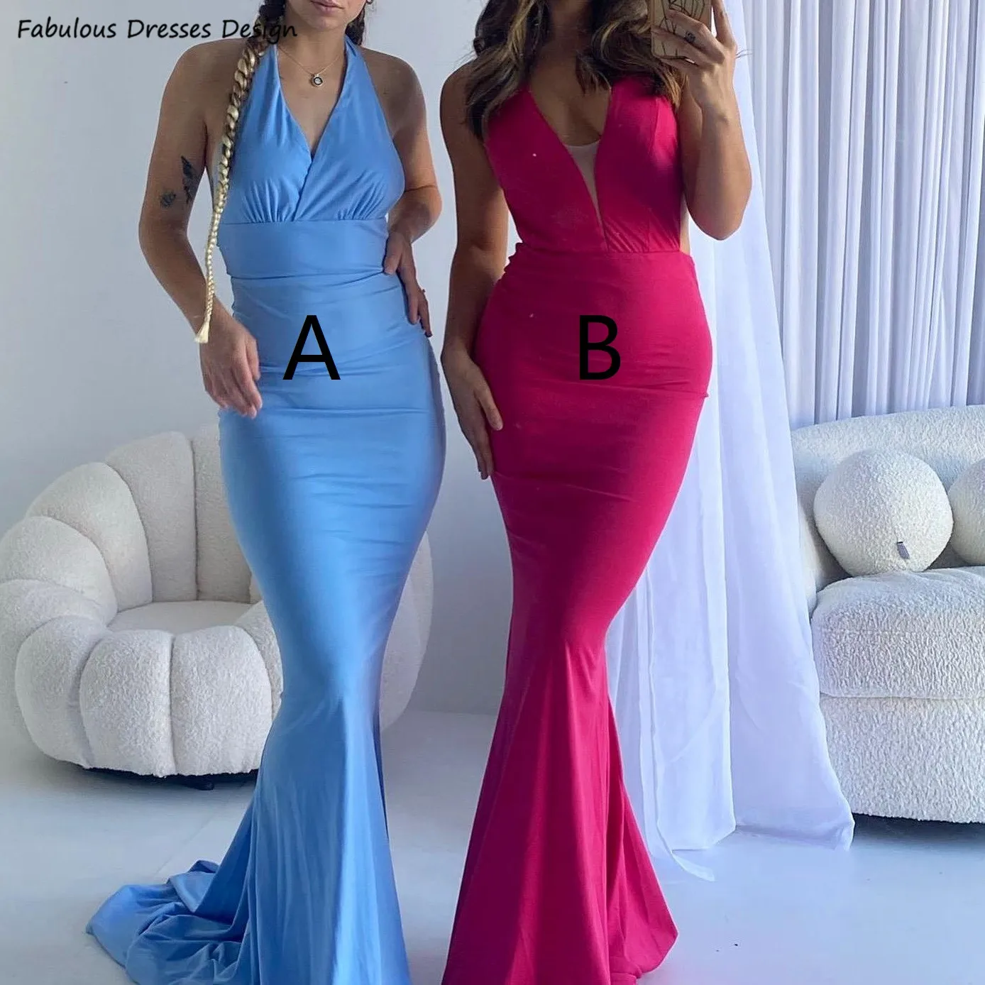 

Women Long Mermaid Bridesmaid Dresses Halter V-neck Backless Trumpet Wedding Guest Dress Party Sexy Maid Of Honor