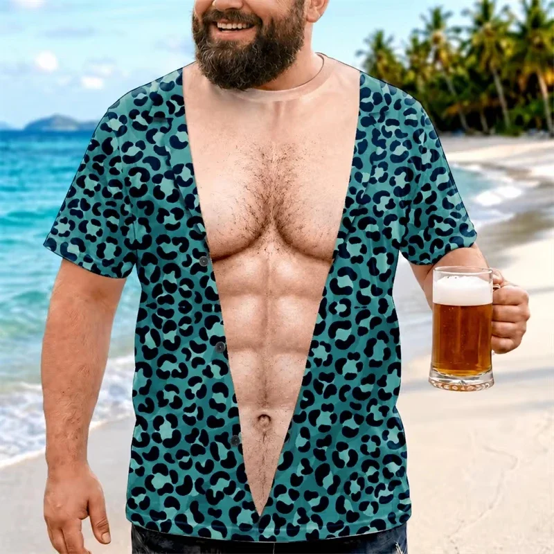 Men Novelty Leopard Fake Open Shirt T-Shirt 3D Printed Fake Six Pack Abs Graphic Tee Summer Beach Vacation Funny Party Tops