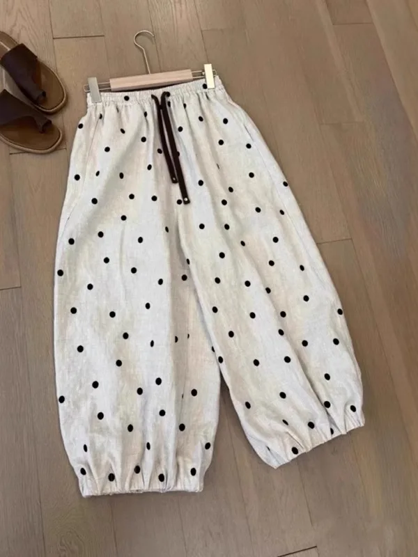 Summer Thin Checkered Linen Casual Pants Women's Loose Wide Leg Balloon Pants Nine Points Harem Grandmother Pants