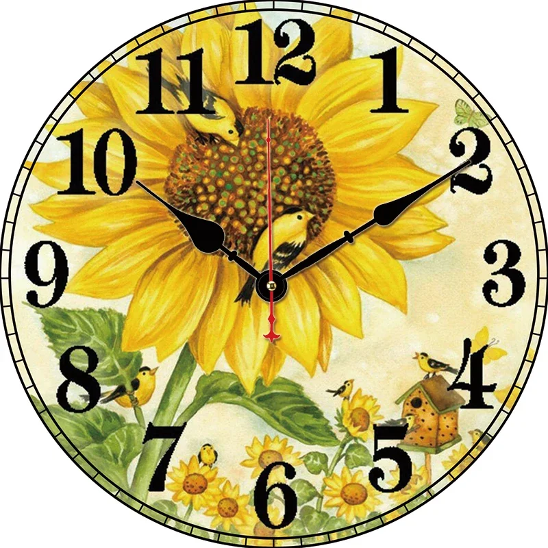 Retro Sunflower Bird Kitchen Round Wall Clock Large Dinning Restaurant Cafe Decor Wall Clock Silent Non-Ticking Nice For Gift