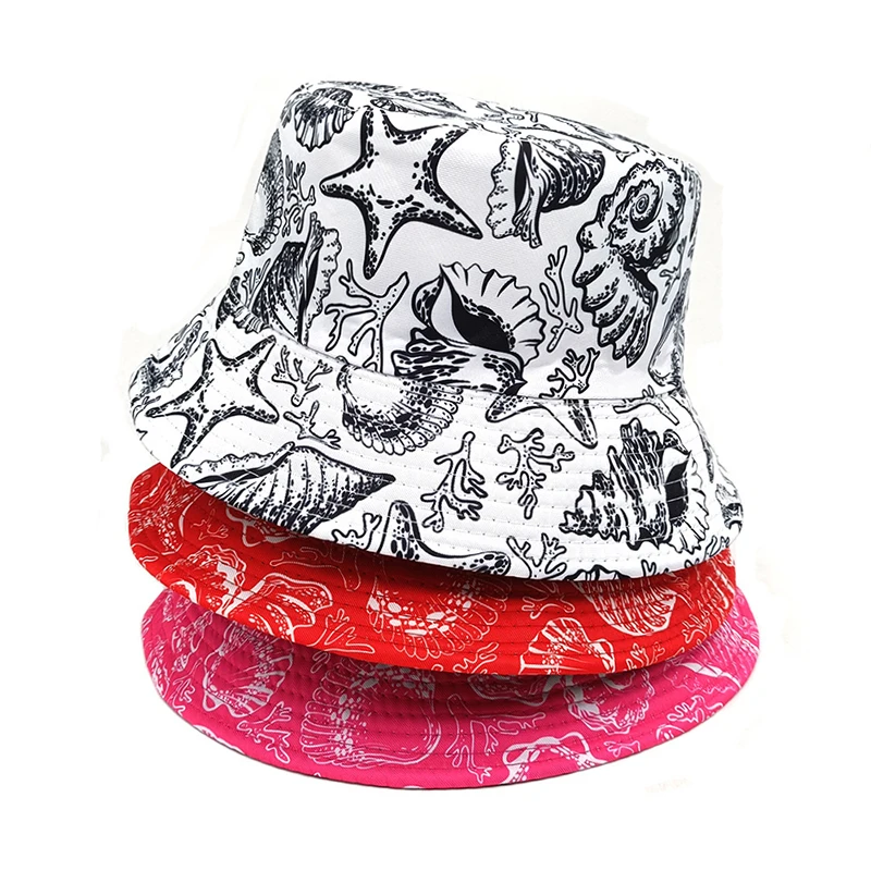 Top Cartoon Shell Bucket Hat Coral Starfish Printing Pattern Fisherman Hats Reversible Panama Caps Men Women Outdoor New Style