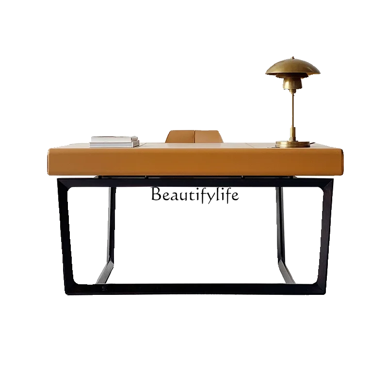 

Italian solid wood leather office boss table modern light luxury simple office table luxury designer furniture