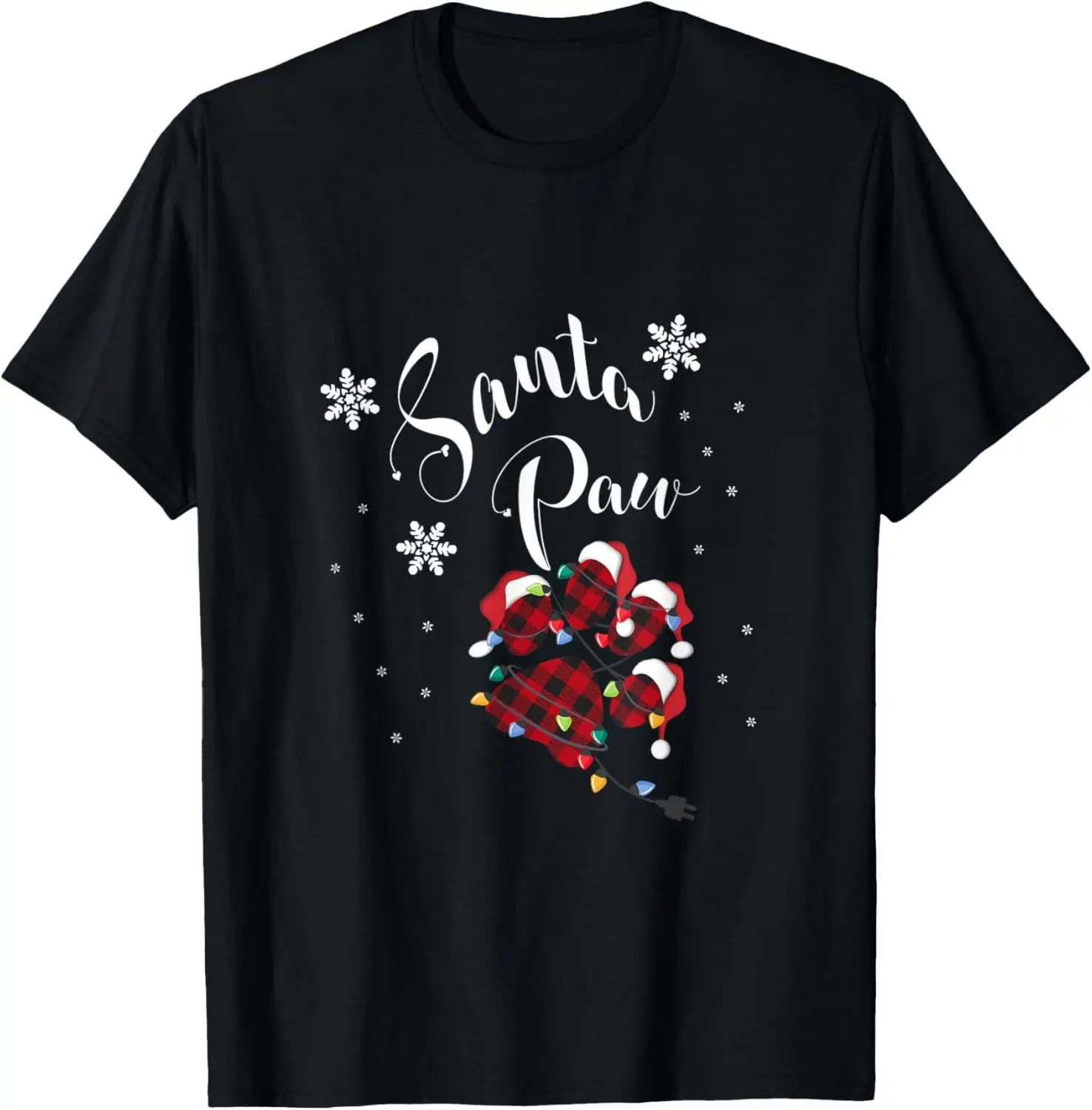 

Paw of a dog or cat with snowflakes red plaid pattern T-Shirt