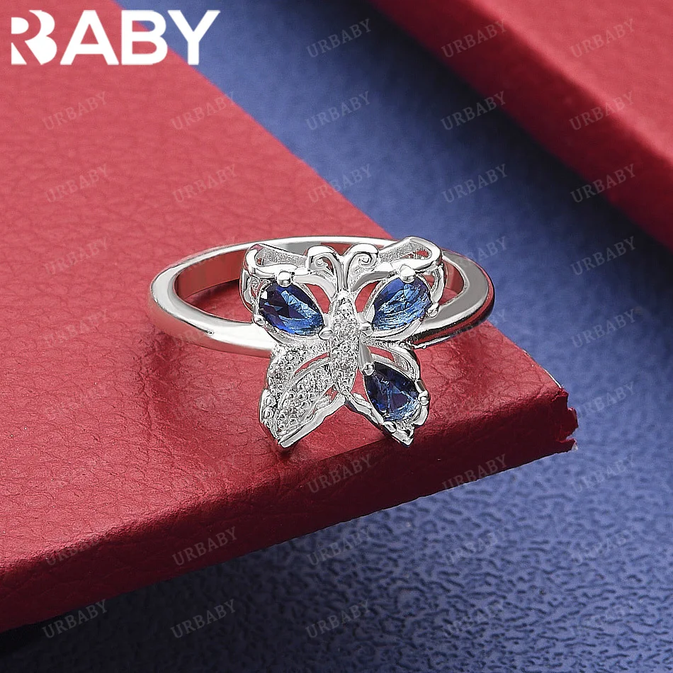 

URBABY 925 Sterling Silver Size 7-10 Blue Zircon Butterfly Ring For Women Fashion Jewelry Charm Grace Noble Wedding Accessories