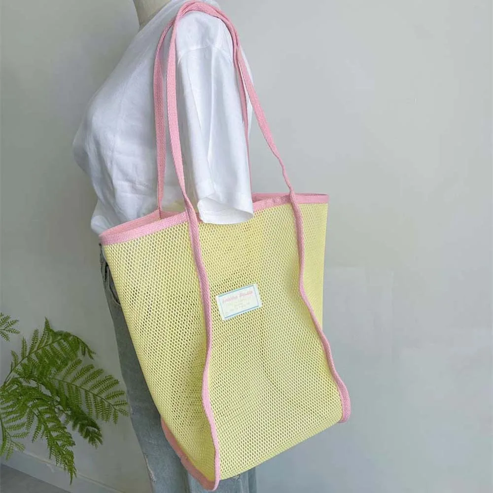

Breathable Mesh Tote Bag Fluorescence Color Large Capycity Beach Grid Handbag Dopamine Nylon Hollow Out Shoulder Pouch Swimming