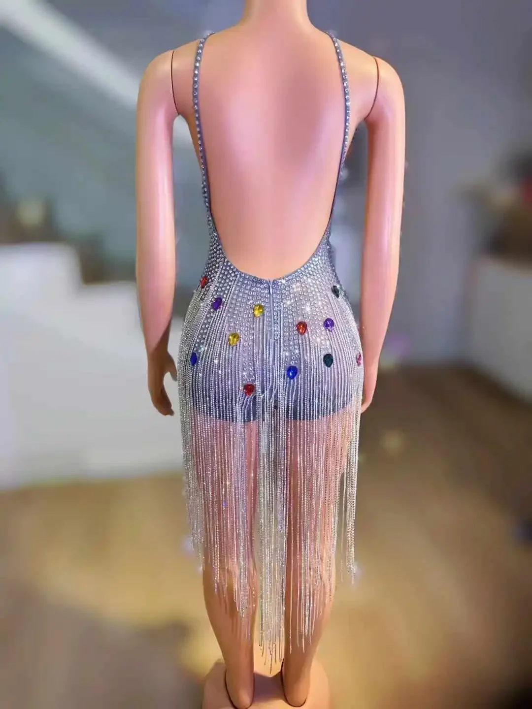 Glitter Sexy Backless Full Rhinestone Drill Chain Romper For Women Luxury Crystals Sleeveless Dressy Drag Queen Birthday Costume