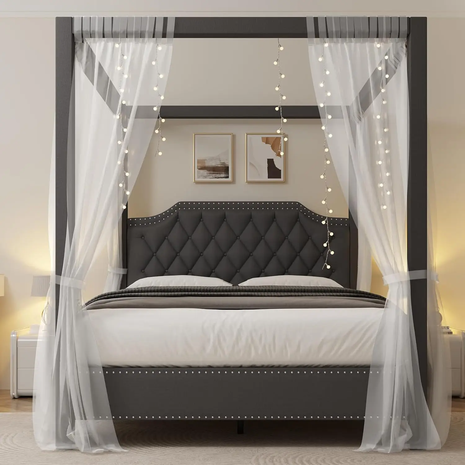 Upholstered Queen Canopy Bed Button Tufted Headboard Wooden Frame Bedroom Furniture, Customized