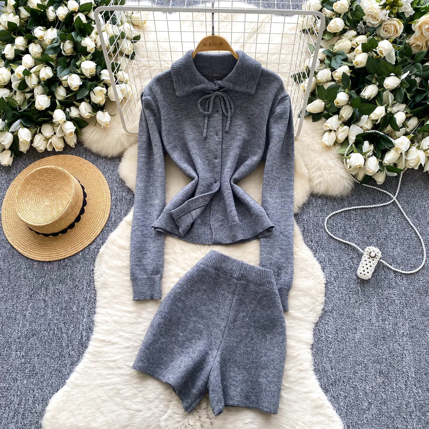 

Women Vintage Short Sets Knit Sweaters Button Long Sleeve Short Sets Shorts Suit Turn Down Collar Tops Casual Slim Y2k Autumn