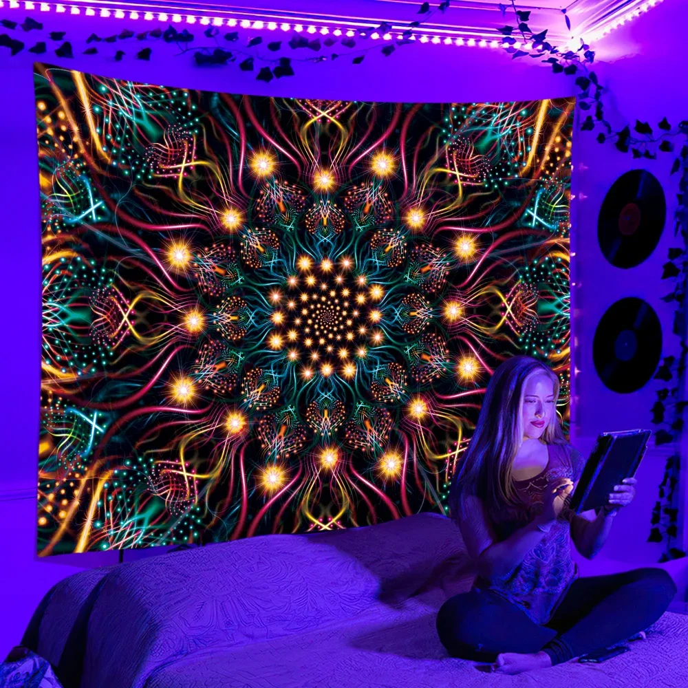 Black Light Tapestry UV Reactive Psychedelic  Wall Hanging Hippie  for Bedroom Dorm Individual Room Decoration