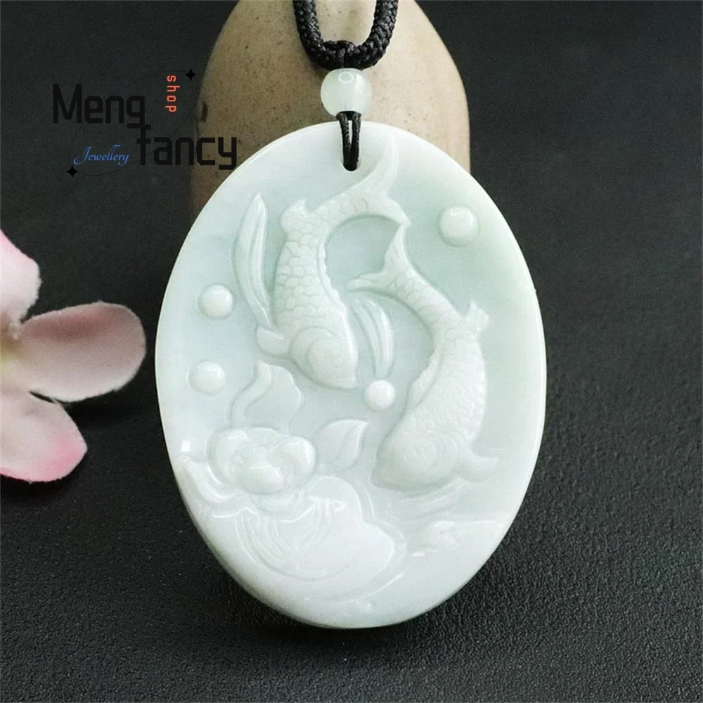 

Natural Jadeite Lotus Leaf Fish Myanmar Jade Pendant Exquisite Elegant Charm High-grade Luxury Quality Fine Jewelry Holiday Gift