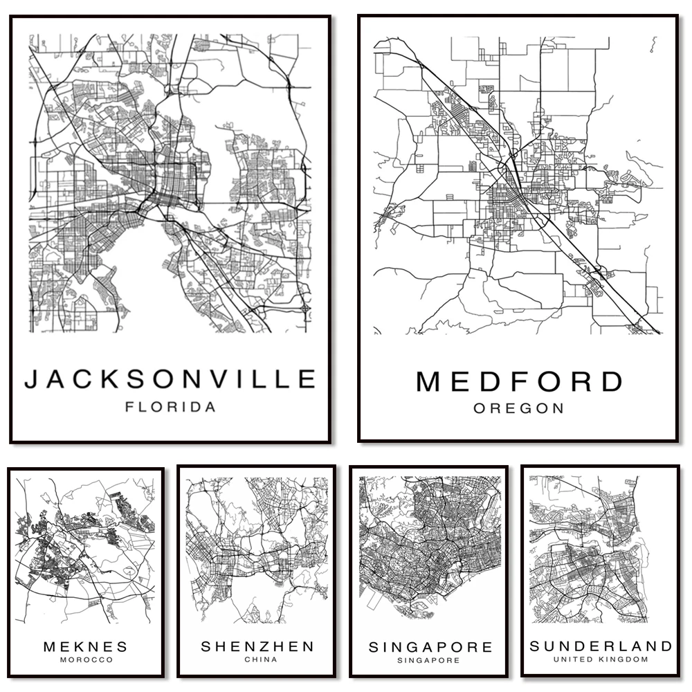 Arlington streets Virginia, Medford Oregon, San Antonio, Seattle, Sunderland, Meknes, Jacksonville, Shenzhen map city map poster
