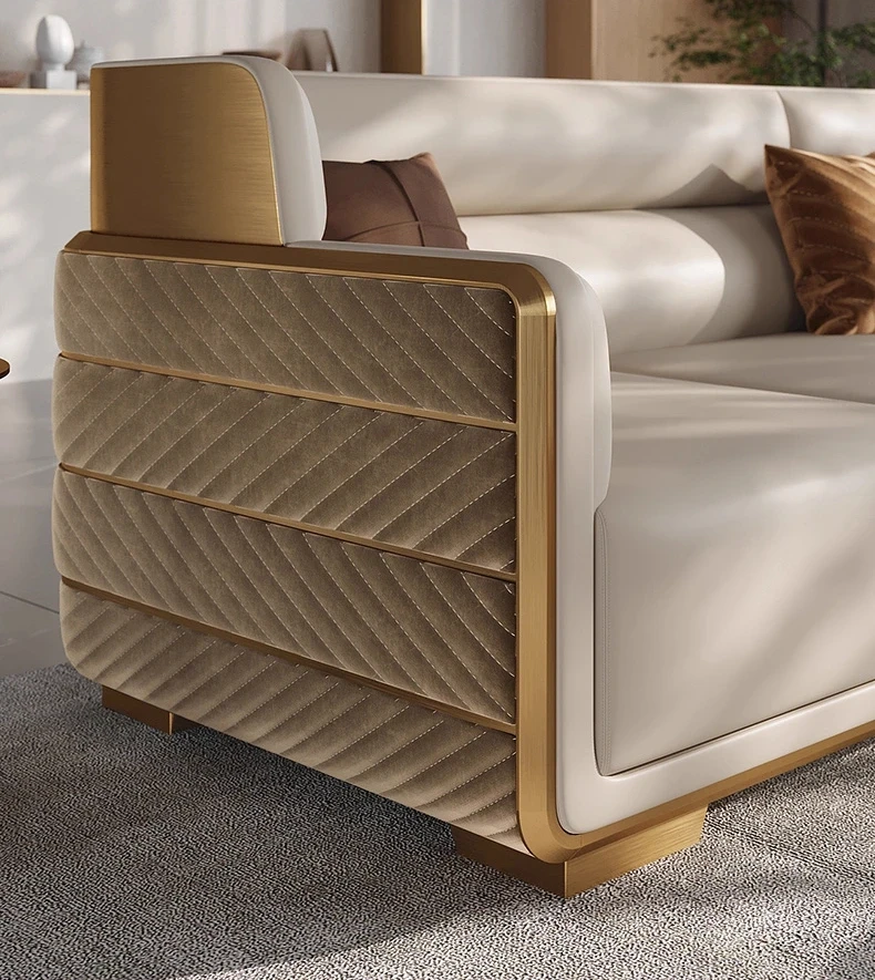 Modern 1+2+3-Piece Living Room Sectional Sofa Set Italy Design with Gold Stainless Steel Back Tufted Suede Fabric