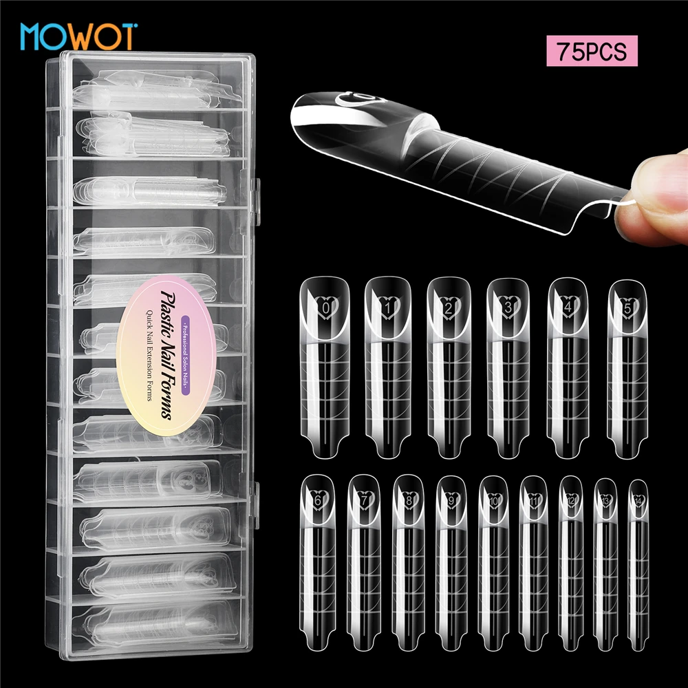 

MOWOT 75pcs/box Space French Dual Forms Clear Full Cover False Nail Tips Reusable Acrylic Extension Poly Nail Gel Molds 15 Sizes