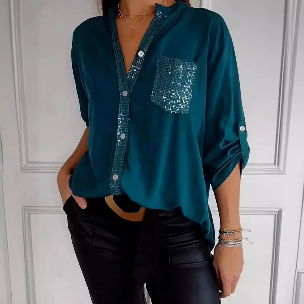 V-neck Sequin Splicing Long-sleeve Casual Shirt Women Blouses Autumn Casual Loose Collar Button Pocket Office Ladies Clothes