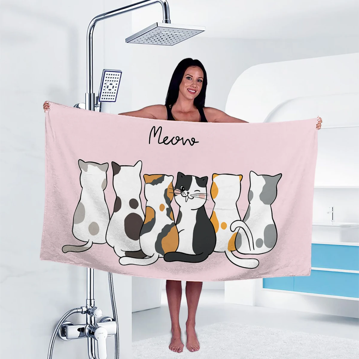 1 piece of 160x80cm pink cute cat digital printed bath towel beach towel, thickened, enlarged, soft and comfortable