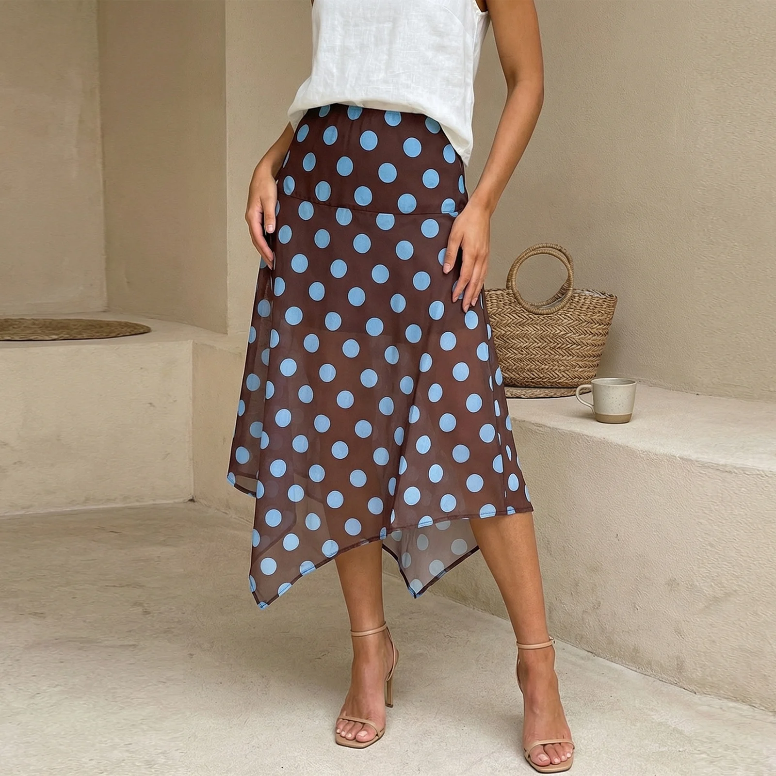 Summer Women Pencil Skirt Trendy Dot Print Long Skirt For Travel Beach Flower Lace Skirt Y2K Flowy Elastic Waist Streetwear