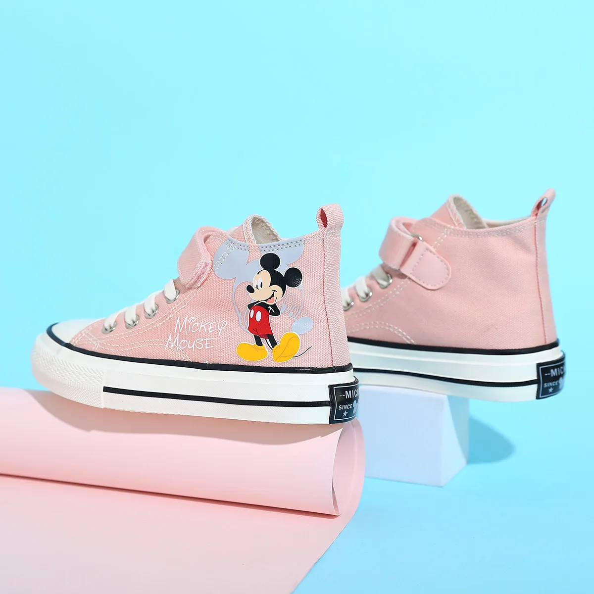 Disney Children Casual Shoes Mickey Mouse High Top Boys Black Canvas Shoes Student Lace up Sneakers for Kids Boys Shoes Size 37