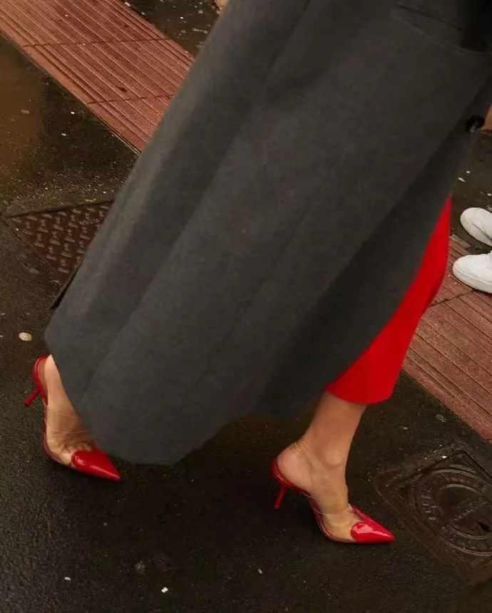 Transparent Genuine Leather Baotou High Heel Slippers for Women with Pointed Points, Love and Sexy Mouller Fine Heel Cool Slippe