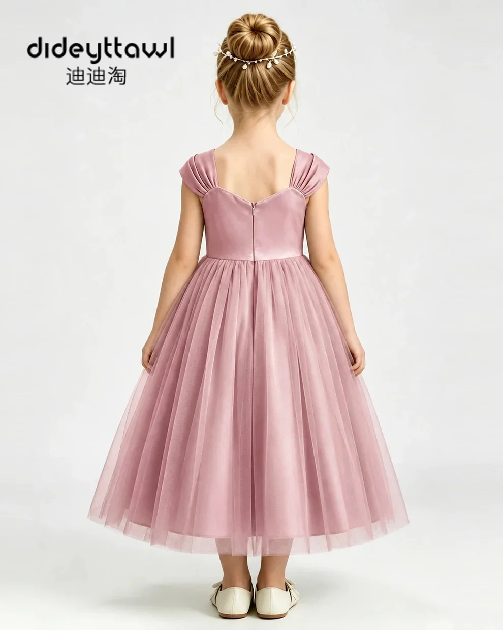 Dideyttawl Kids Tulle Long Formal Dress Square Neck Pearl Beading Princess Gown Multi Color Flower Dress For Wedding Bridesmaid