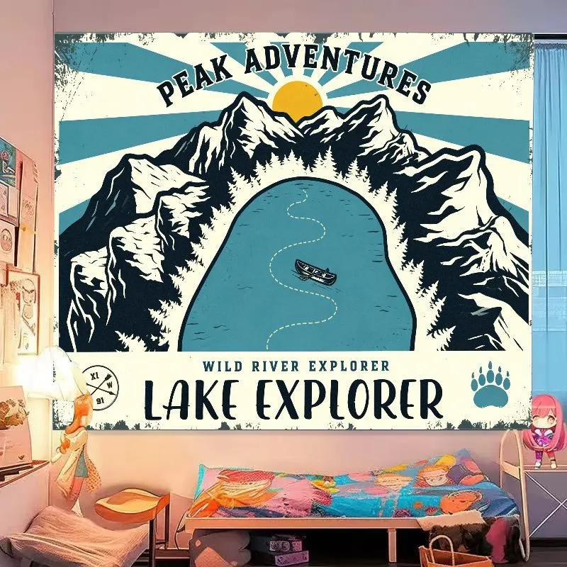 VIKAMA Peak Adventures Lake Explorer Tapestry Retro Mountain River Graphic Wall Hanging Camping Home Decor