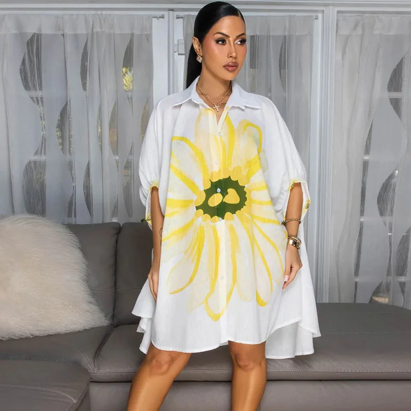 Vestido camisero blanco con estampado Floral para mujer, ropa de media manga con cuello vuelto y botones, vestidos Midi informales rectos sueltos