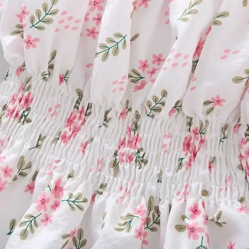 Sweet Broken Flower Slash Neck Women Blouse Agaric Edge Pleat Design Slim Elastic Waist Cropped Top Cute Chiffon T-Shirt Summer