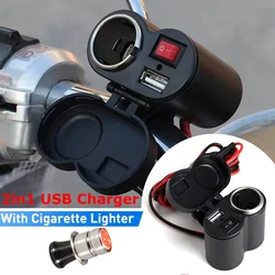 12V Motorcycle Handlebar USB Charger Waterproof Cigaret-te Lighter Socket with Switch for Cellphones Mobile Tablets GPS