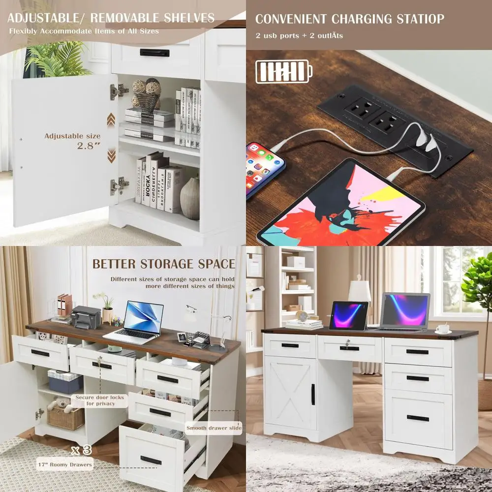 

Винтажный домашний офисный стол в стиле ретро с зарядной станцией и запирающимся шкафом для документов, цвет античный белый