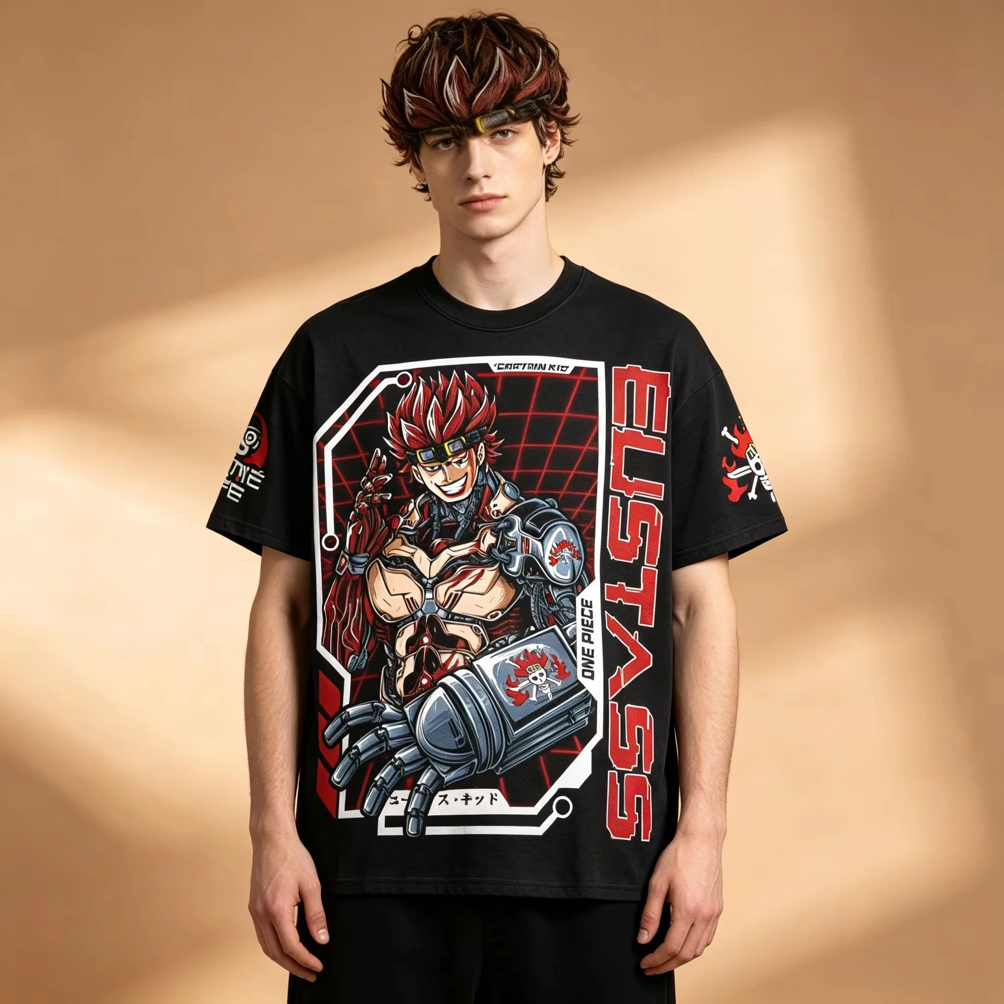 Men's Anime Graphic T-Shirt Solid Black One Piece Eustass Kid Captain Pirate Skull Print Sleeve Japanese Letter Soft Breathable