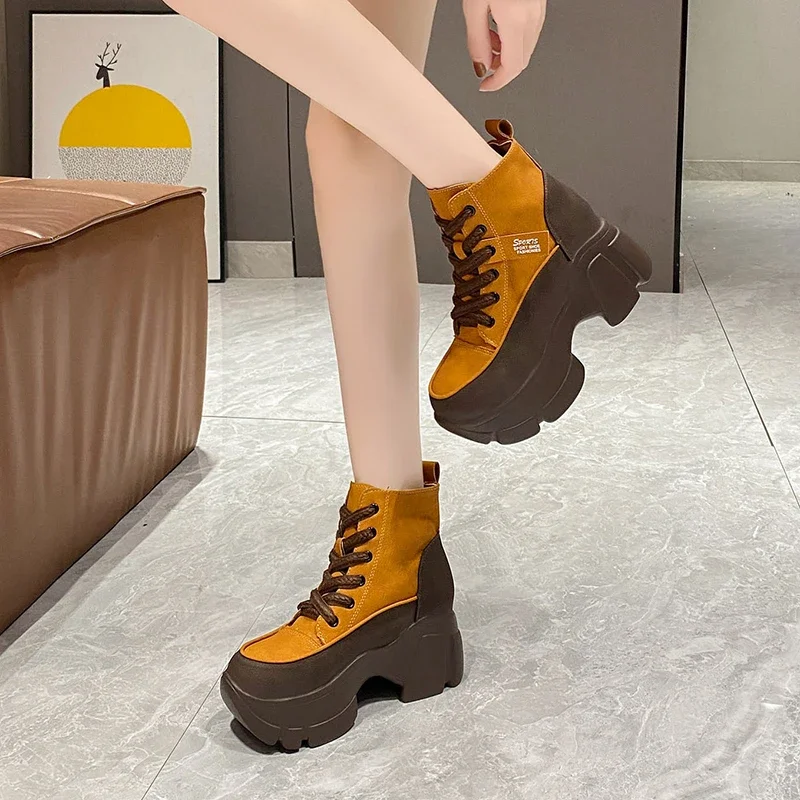 Botas curtas retrô de plataforma feminina, botas casuais com tudo que combina, top alto, novas, primavera e outono, 2022