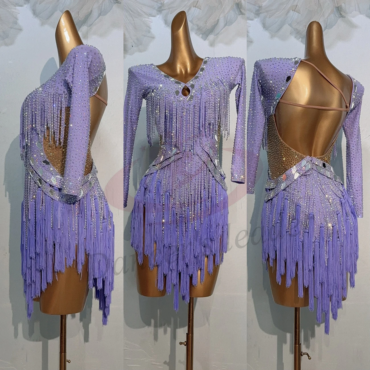 Gonna con nappe con giunture a barra di diamanti personalizzata di fascia alta da donna per danza latina, abito con strass con prestazioni di precisione di Samba