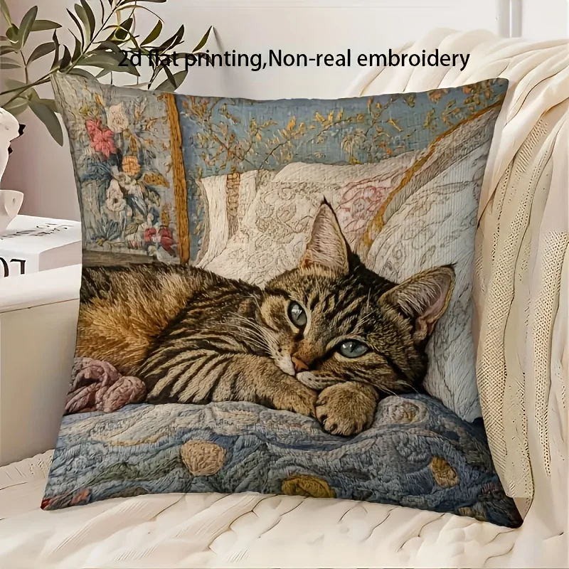 1pc Retro Oil Painting Cat Throw Pillow Cover 2D Double-Side Print Polyester Cushion Case for Home Sofa Car Office Decor