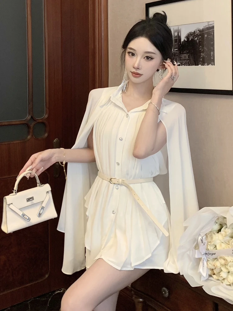 Ele White ort awl Coat Pleated Chiffon irt Design Waist-Cinching Belt Included French Sle Loose Fit Spring irt