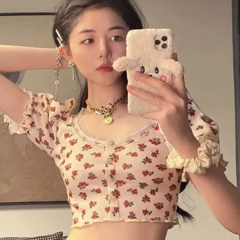 Woman's Tshirts Superior Quality spring/summer Floral Print Knit O Neck Single Breasted Ladies Tops Dropshipping WYP37