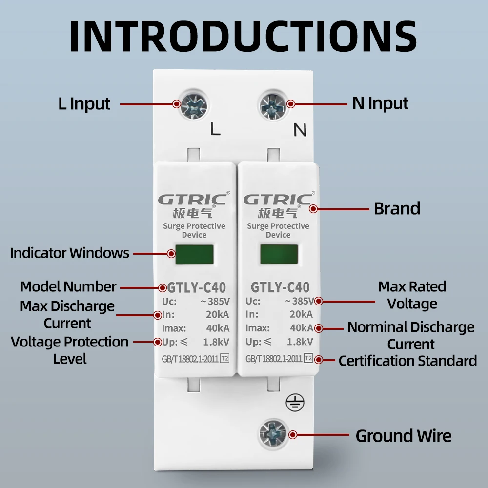 GTRIC 2P AC SPD 서지 보호 장치 40KA 60KA 220V 385V 주택 번개 서지 보호기 태양광 저전압 피뢰기 장치