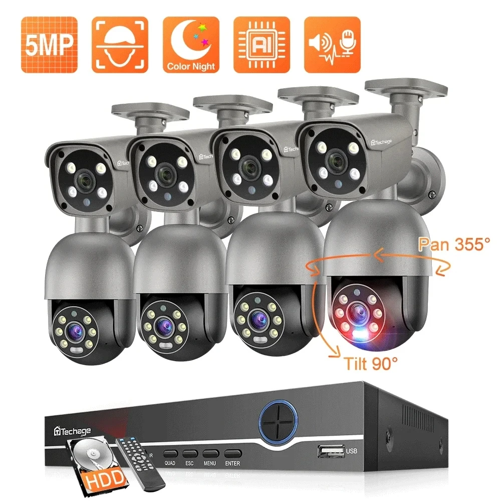 Techage 8CH 5MP Security Camera System Night Vision Human Detection POE PTZ Camera Outdoor Security Surveillance Cam Kit P2P