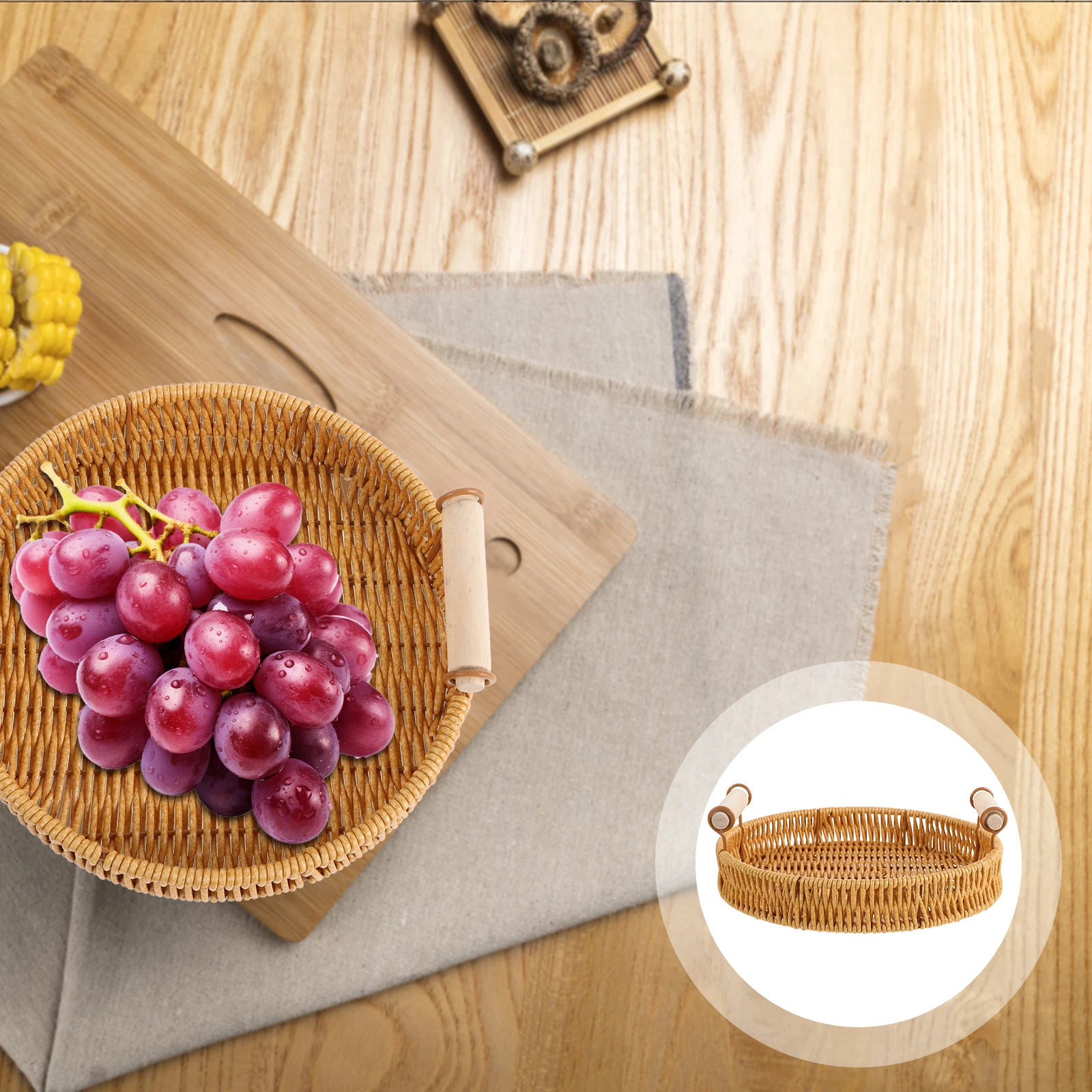 

Rattan Fruit Bowl Dry Fruits and Nuts Tray Coffee Table Round Decorative Serving with Handles Candy Bread Pp Basket